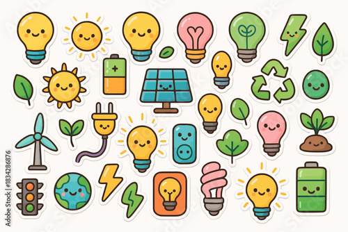 Cute eco-friendly stickers: solar panels, lightbulbs, and nature icons