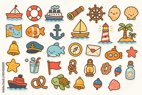 Whimsical nautical stickers featuring boats, sea animals, and beach icons in cartoon style
