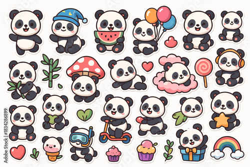 Cute cartoon panda stickers collection with various fun activities