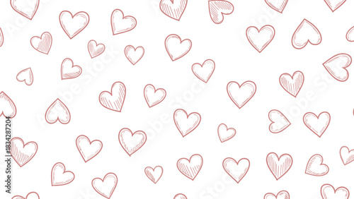 A pattern of hand-drawn pink hearts scattered across a white background.