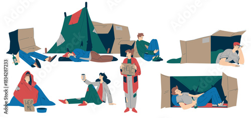 Homeless People Character Live in Street in Poverty as Social Problem Vector Illustration