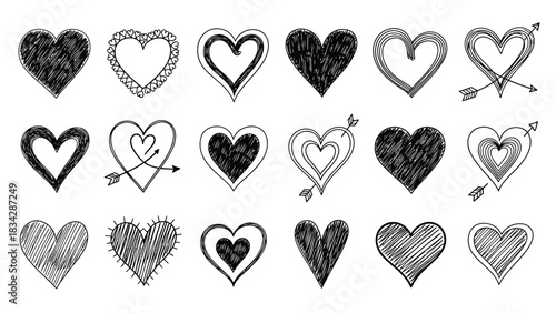 A collection of hand-drawn hearts in various styles, some with arrows piercing them.
