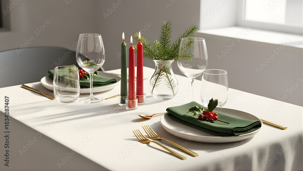 Fototapeta premium Elegant Dining Table With Porcelain Plates and Fine Stemware