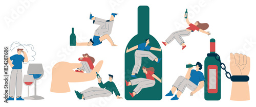 Alcoholism as Social Problem with Drunken Man and Woman Character Vector Set