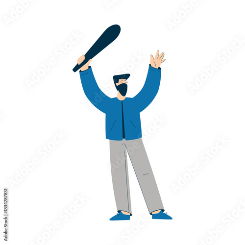 Man Character Protesting in Street with Bat Participate in Riot Vector Illustration