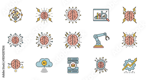 Artificial Intelligence Icons - Brains, Cloud, Robotics, and Data.
