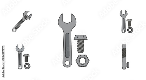 Assorted gray flat design wrenches, bolts, and nuts vector illustrations for mechanical work.