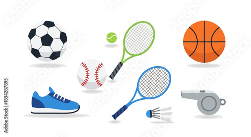 Assorted Sports Equipment - Soccer Ball, Tennis Rackets, Basketball, Baseball, Shoe, Whistle, and Shuttlecock.