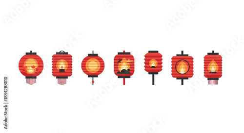 Assortment of Red Chinese Lanterns with Various Shapes and Designs, Illuminated.