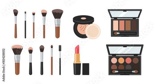 Assortment of Makeup Brushes, Palettes, Lipstick, and Powder Compacts, Isolated.