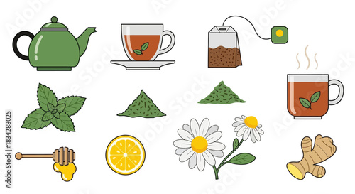 Assortment of Tea Elements - Teapot, Cup, Tea Bag, Herbs, and Ingredients.