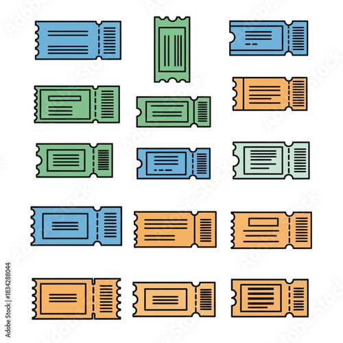 Assortment of vibrant cartoon-style admission tickets with distinct perforated borders.