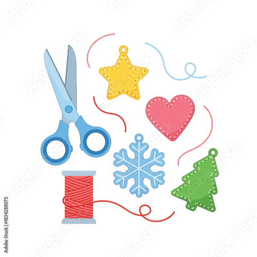 A digital illustration of a pair of blue scissors surrounded by festive Christmas decorations including a yellow star, red heart, blue snowflake, green tree, and spool of red thread on a