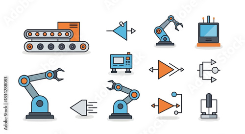Automation Icons - Conveyor Belt, Robotic Arms, and Industrial Symbols.