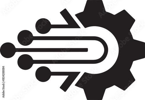 Technology and engineering icon with gear and circuitry symbol in black