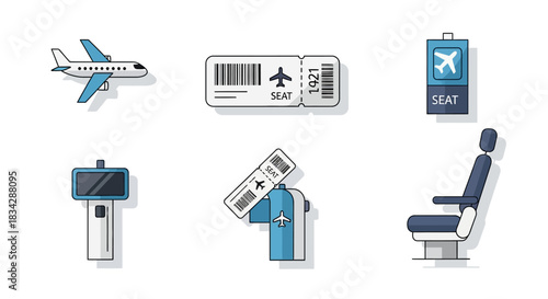 Aviation Icons - Airplane, Ticket, Seat, and Control Tower.