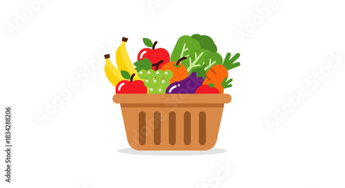 Basket overflowing with colorful fruits and vegetables, including apples, bananas, lettuce, and eggplant.