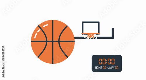 Basketball Game Illustration with Ball, Hoop, and Scoreboard.