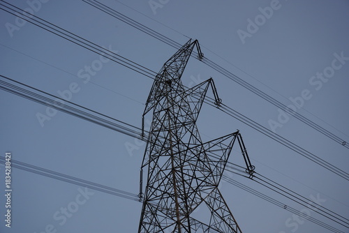 Tall High Voltage Transmission Tower with Power Lines