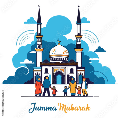 Blue cloud mosque walk scene illustration vector