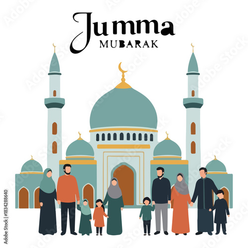 Group gathering at domed mosque illustration vector