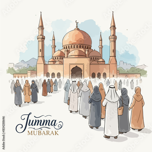 Mountain mosque with crowd illustration vector