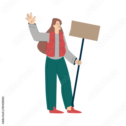 Woman Character Protesting in Street with Placard Participate in Riot Vector Illustration