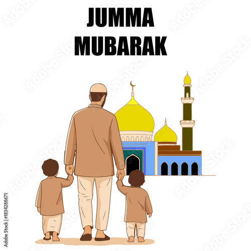 Family walk to golden mosque illustration vector