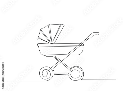 Single Continuous Line Drawing of a baby carriage or baby stroller.