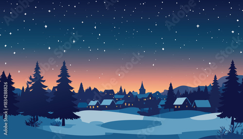 A serene winter village landscape at twilight with stars in the sky.