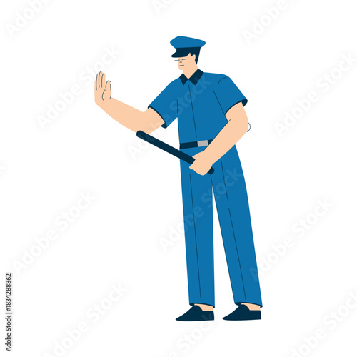 Man Police Officer or Cop in Blue Uniform with Baton Standing Vector Illustration