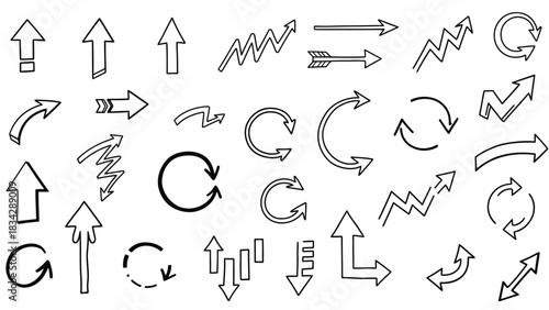 A collection of hand-drawn arrows and directional symbols in various styles and directions.