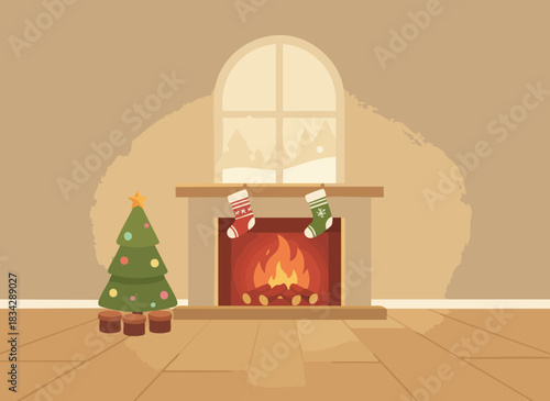 Cozy Christmas Fireplace with Decorated Tree.