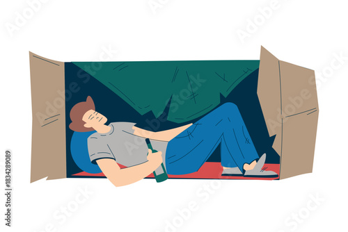 Homeless Man Character in Cardboard Box with Alcohol Live in Street in Poverty as Social Problem Vector Illustration