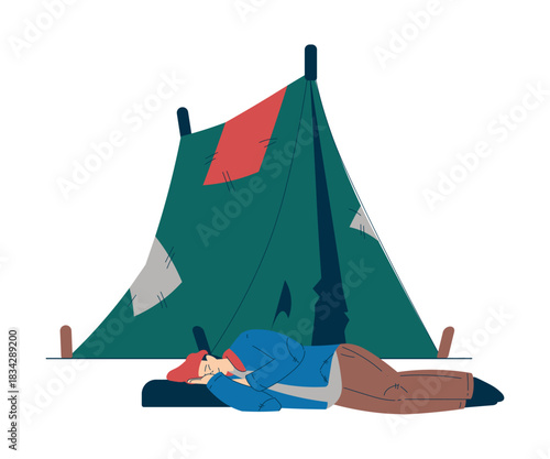 Homeless Man Character Box Live in Street in Poverty as Social Problem Vector Illustration