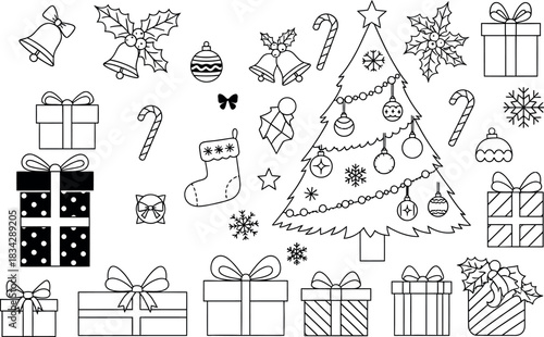 Christmas holiday black and white line art vector elements set including tree, snowflake, bells, candy cane, gifts, and stocking for coloring book design.