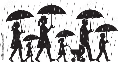 People Umbrellas Rain Silhouettes isolated on white background