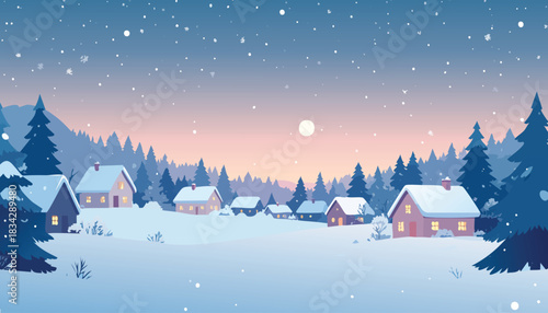 Peaceful winter village with snow falling under a full moon at dusk