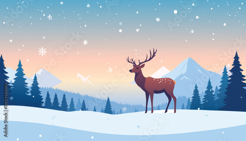 A majestic deer stands in a serene snowy winter landscape illustration.