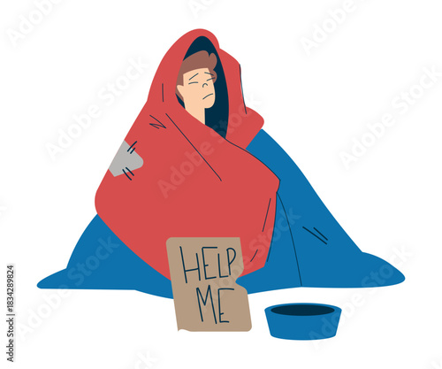 Homeless Man Character Beg for Money Live in Street in Poverty as Social Problem Vector Illustration