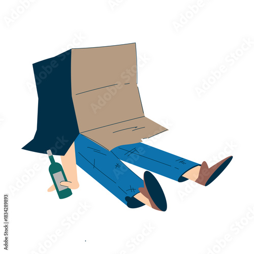 Homeless Man Character in Cardboard Box with Alcohol Bottle Live in Street in Poverty as Social Problem Vector Illustration