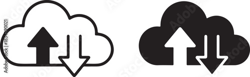 Cloud upload and download icon set in black and white