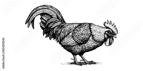 Trendy bird art, vintage wildlife print, hand-drawn chicken in engraving style, black sketch design.