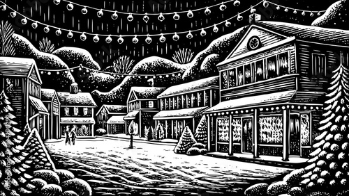 charming town square covered in fresh snow, glowing lights, and cozy holiday decorations perfect for Christmas 2026 visuals