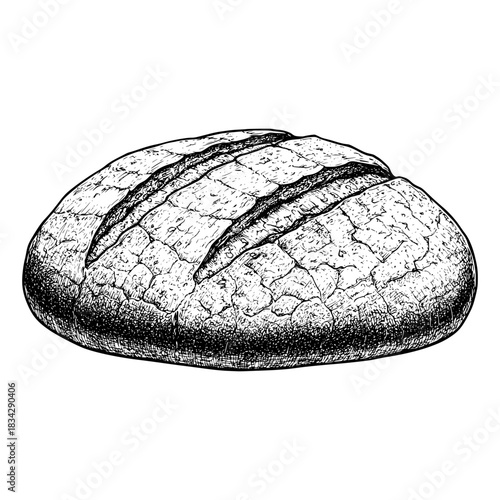 Detailed black and white illustration of crusty bread with textured surface. Vector illustration