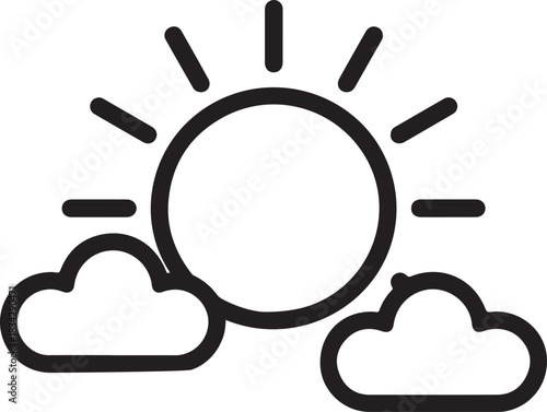 Simple line art illustration of sun shining behind clouds in the sky