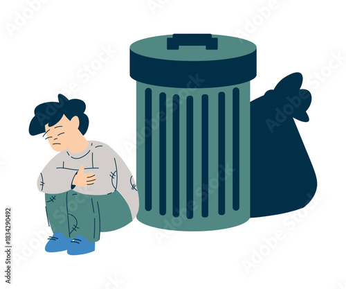 Homeless Boy Kid at Trash Bin in the Street Vector Illustration