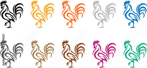 Collection of stylized roosters in various colors chicken, Colorful stylized rooster set for design