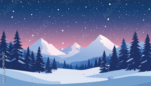 Winter mountain landscape with pine trees under a starry night sky.