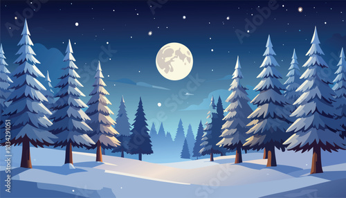 Full moon shines over a tranquil winter forest with snow-covered trees.